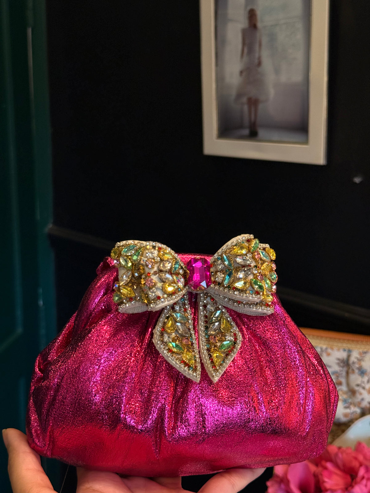 Hot pink clutch with multi rhinestone bow