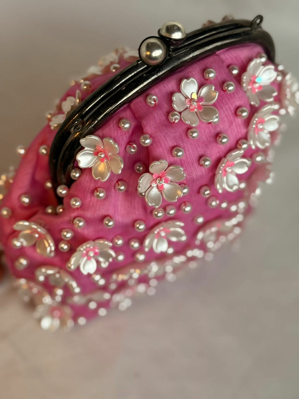 Vintage large size clutch with pearl flower