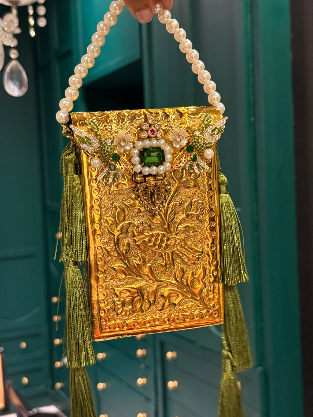 Olive green phone metal clutch