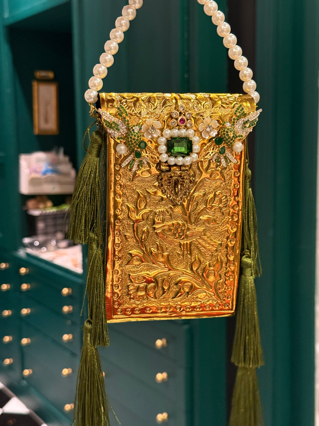 Olive green phone metal clutch