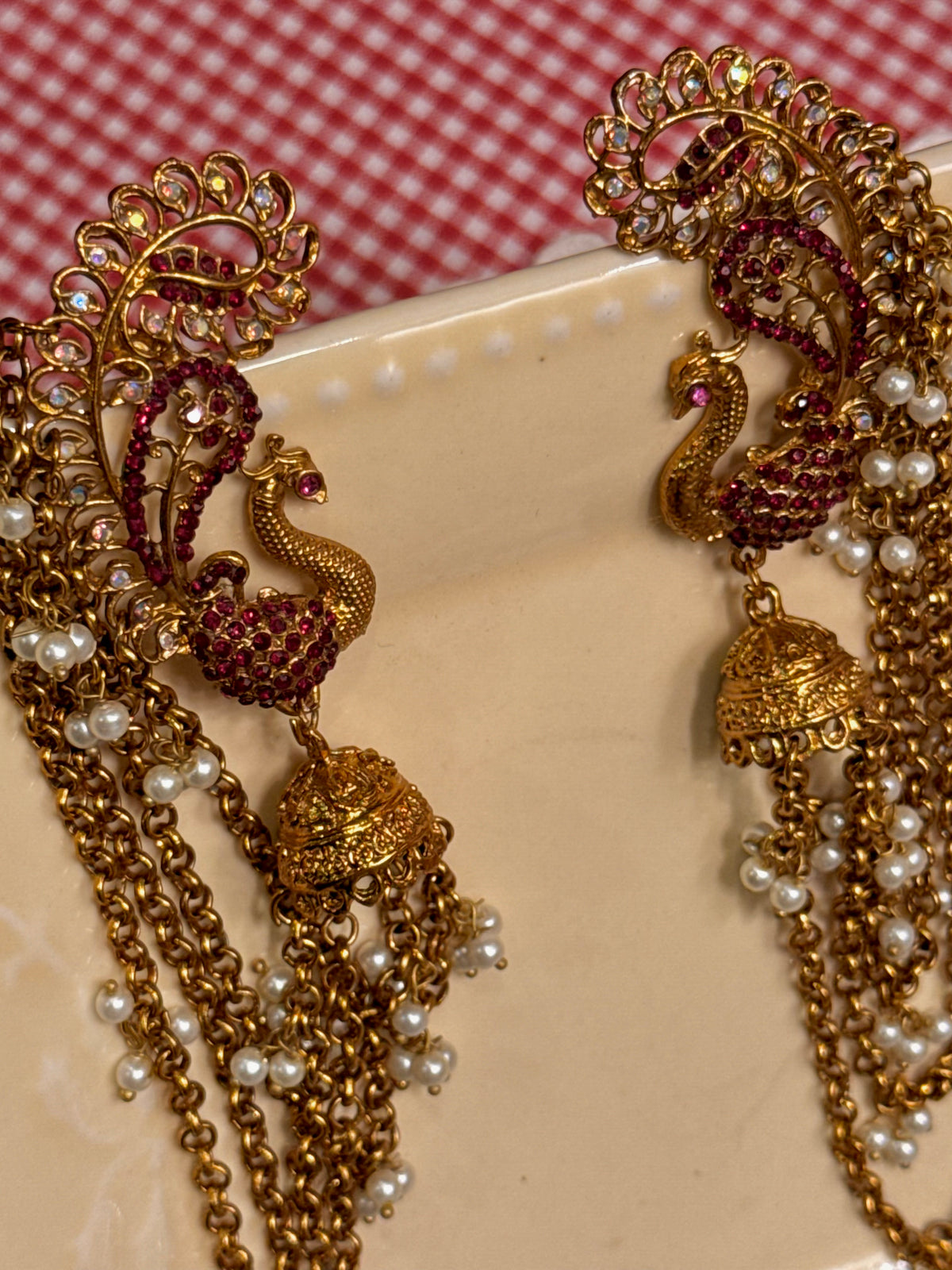 Maroon peacock hair clip pair