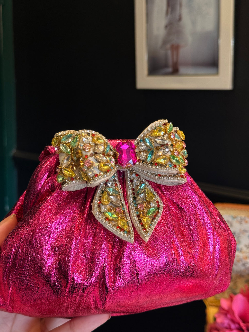 Hot pink clutch with multi rhinestone bow
