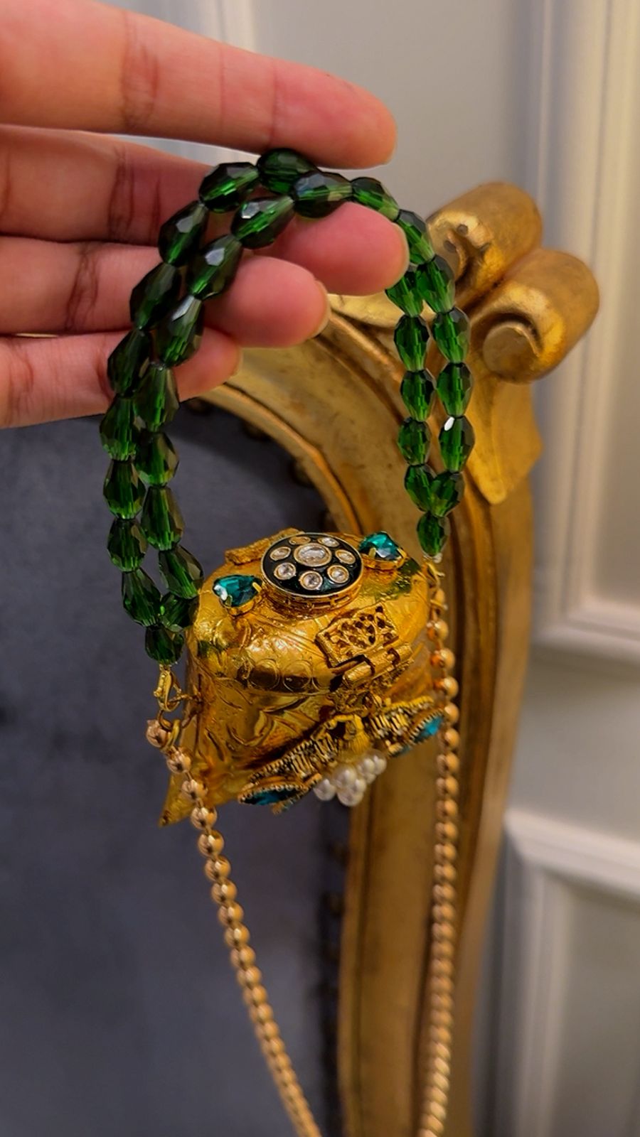Mini nano clutch with green bug embellishments